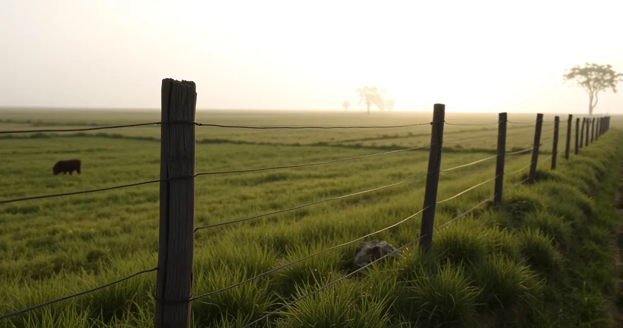 Cerca de arame com mourões de madeira em pasto de propriedade rural ao amanhecer, com neblina baixa