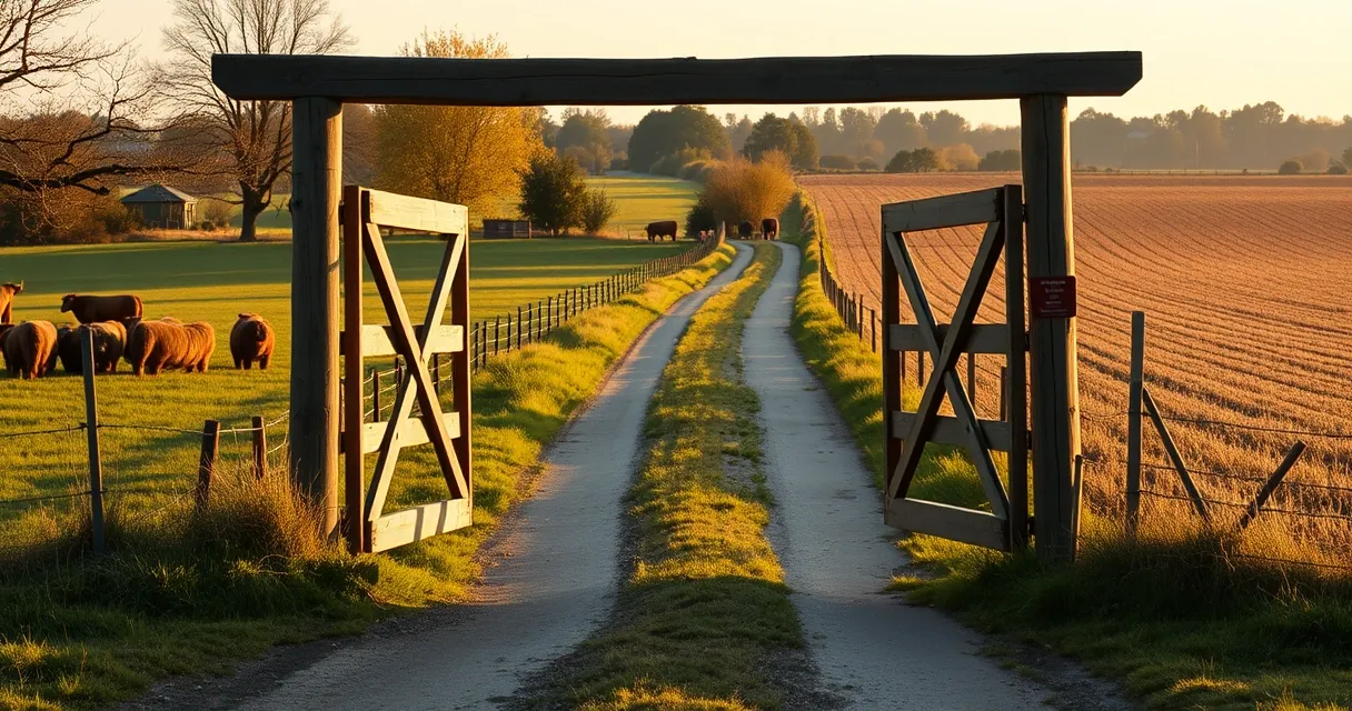 Porteira de fazenda aberta com estrada de terra ao fundo, entre pasto e lavoura no fim da tarde