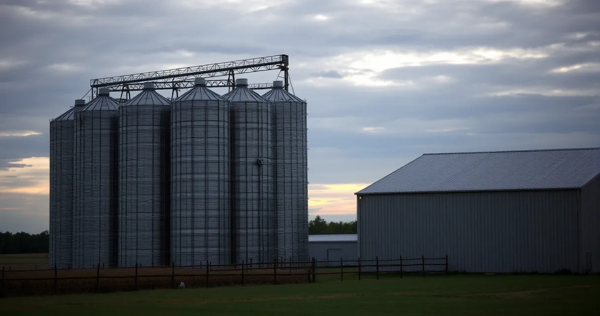 Silos metálicos e galpão de armazenagem em propriedade rural sob céu nublado ao fim da tarde