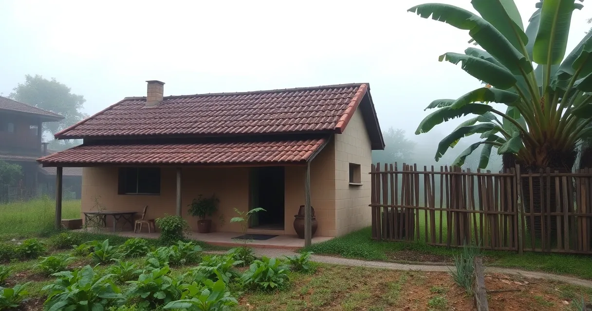 Casa simples de sítio com horta e cerca de madeira em pequena propriedade rural ao amanhecer