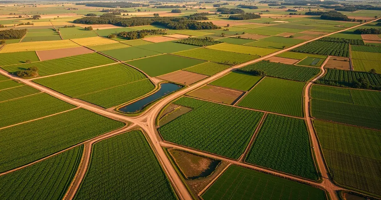 Vista aérea de propriedades rurais divididas por estradas de terra e cercas, com talhões de tamanhos diferentes