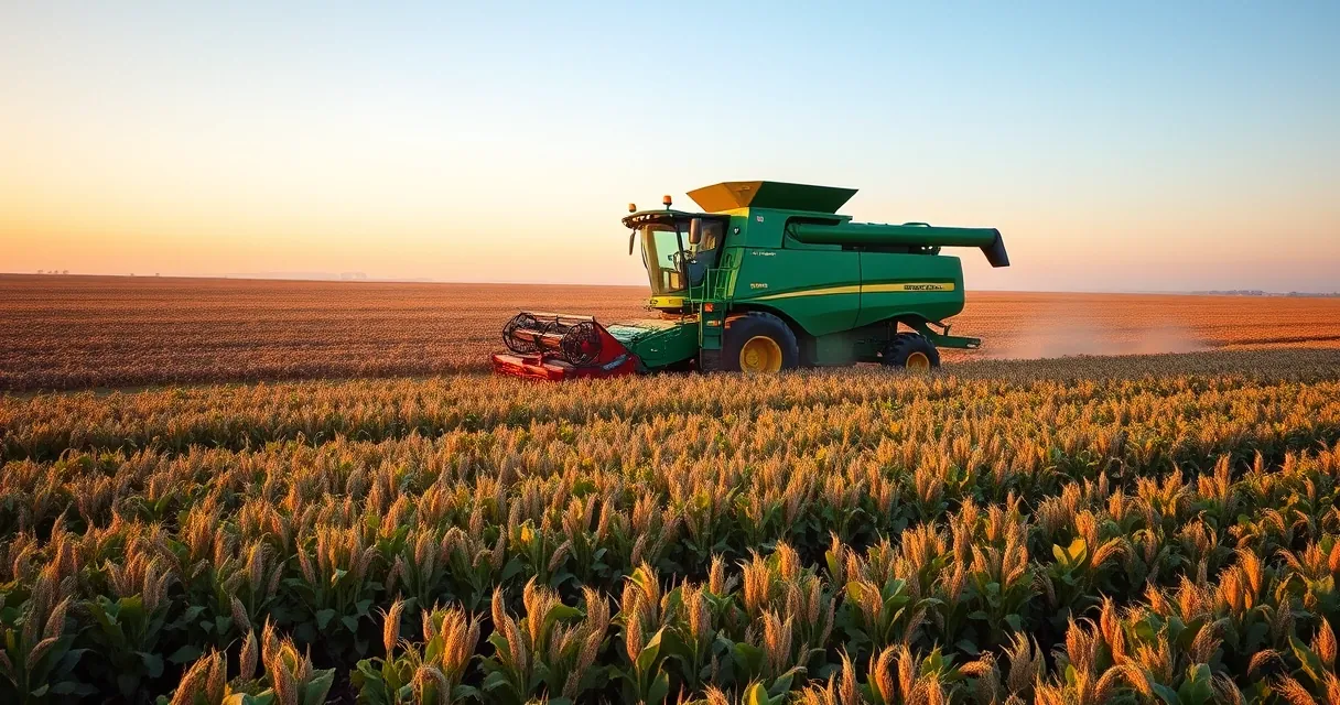 Colheitadeira em operação em lavoura madura ao entardecer, em propriedade rural