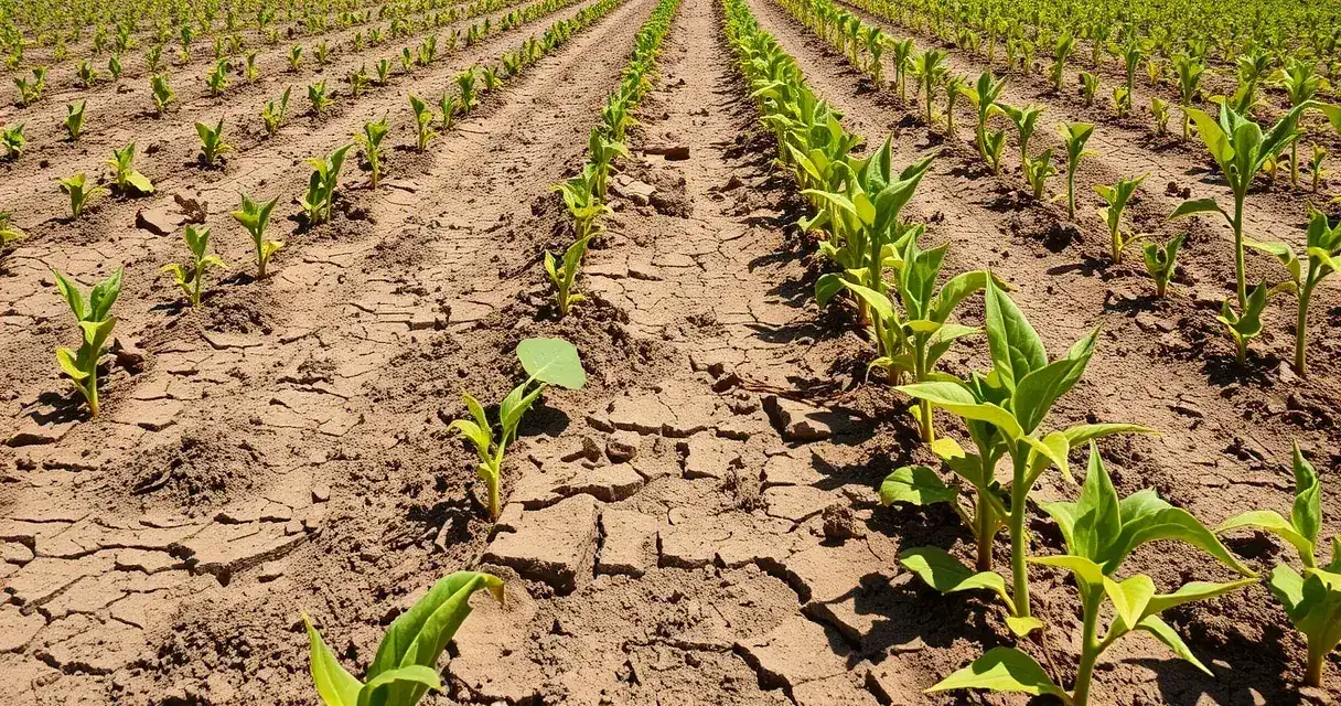 Lavoura de soja com falhas e plantas ressecadas por estiagem, sob céu claro de meio-dia